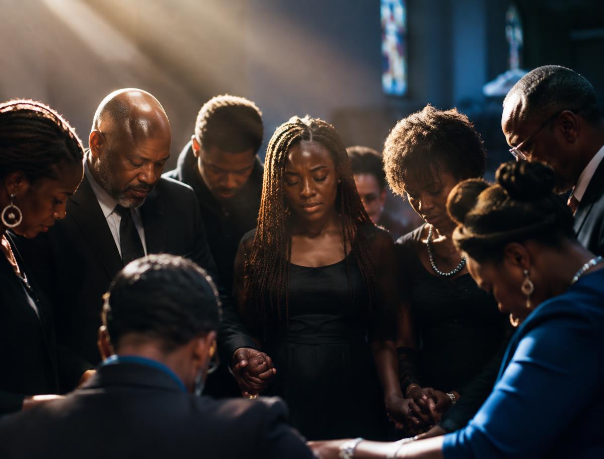 Believers praying together during worship